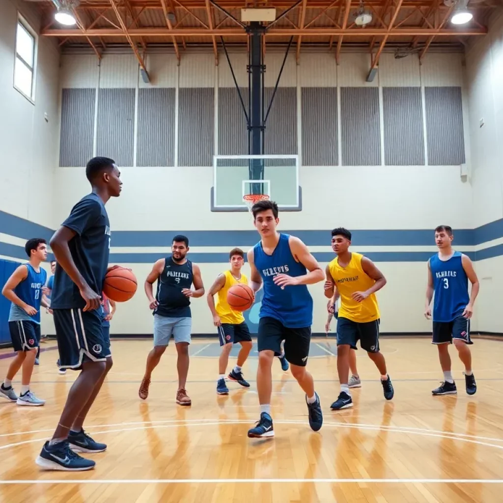 High school basketball players training on the court