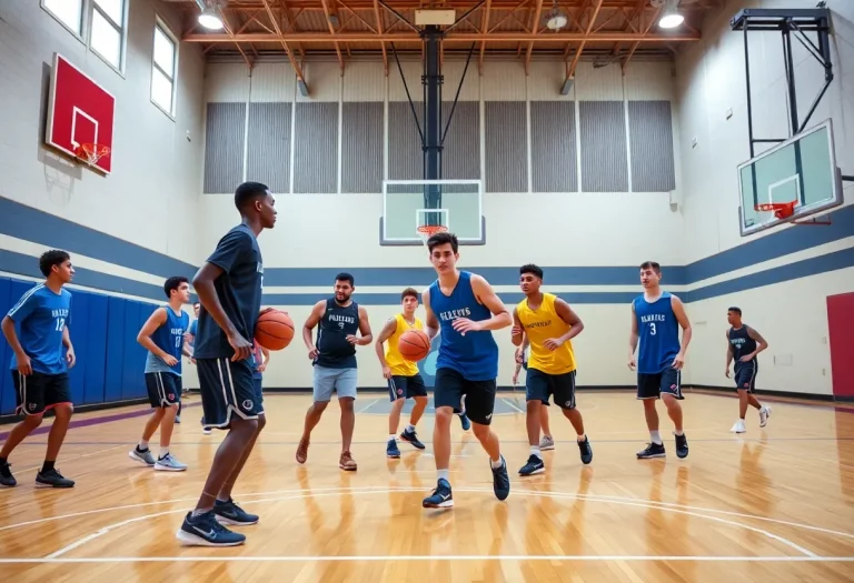 High school basketball players training on the court