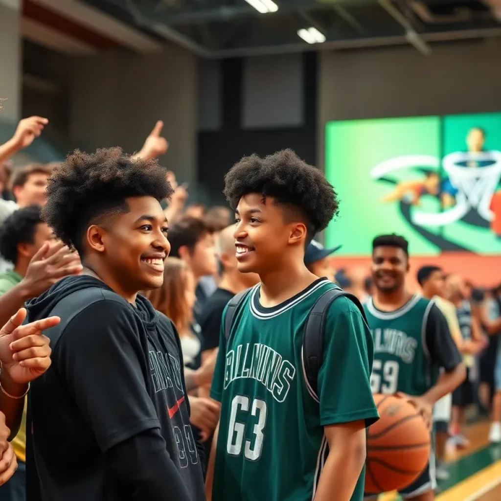 Young basketball players engaging with fans at the Rod Wave Elite event.