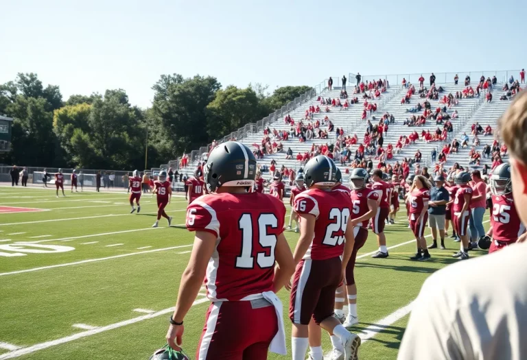 High school football game with players and cheering fans