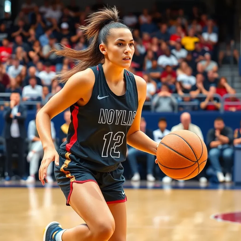 Female basketball player demonstrating skills on the court.