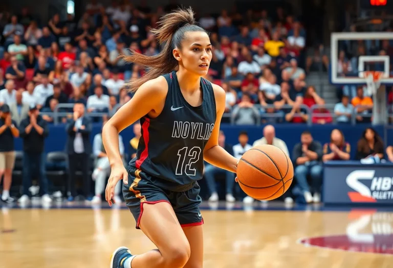 Female basketball player demonstrating skills on the court.