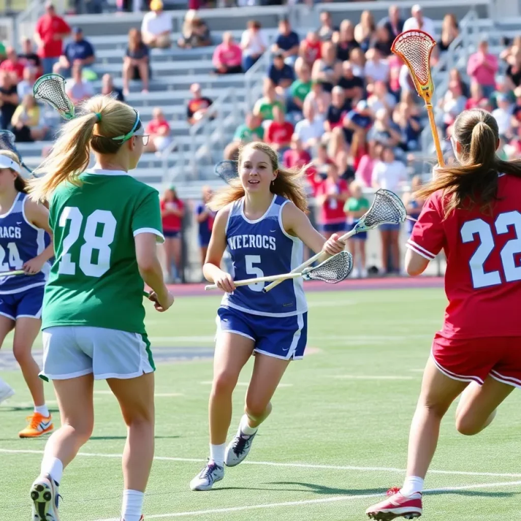 Girls lacrosse players from Scotts Valley in a competitive match