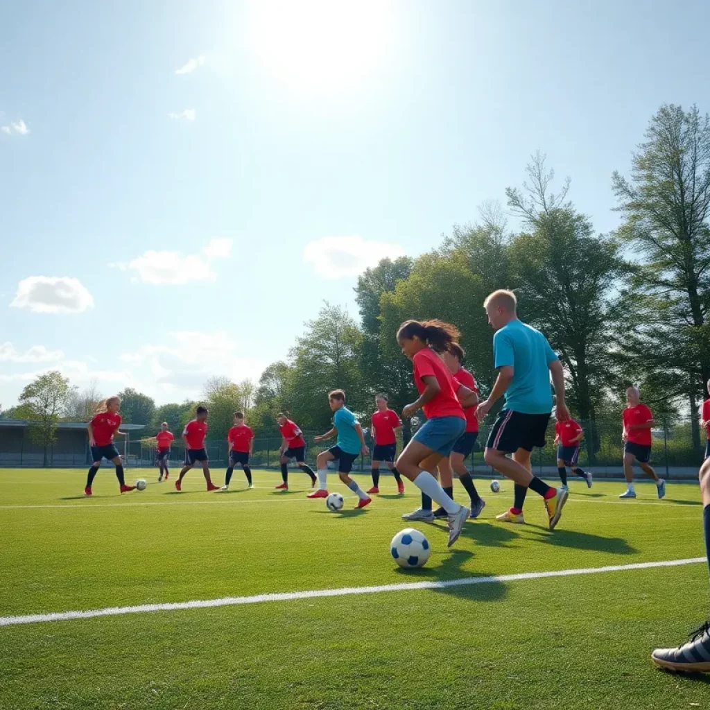 High school soccer players practicing drills on a sunny day