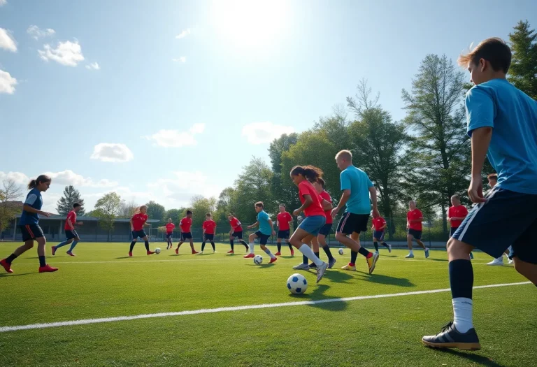 High school soccer players practicing drills on a sunny day