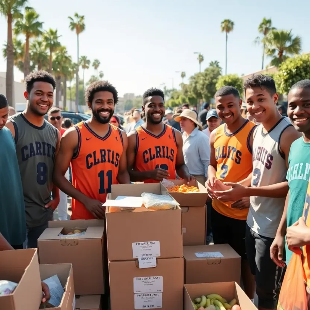 SDSU basketball players volunteering at a food distribution event