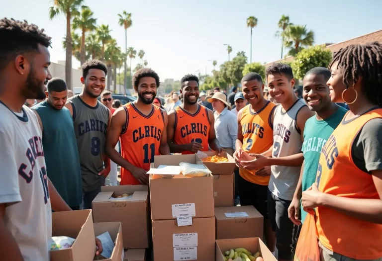 SDSU basketball players volunteering at a food distribution event