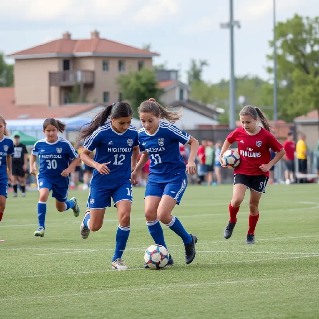 Soccer players competing in a high school match at Sheridan.