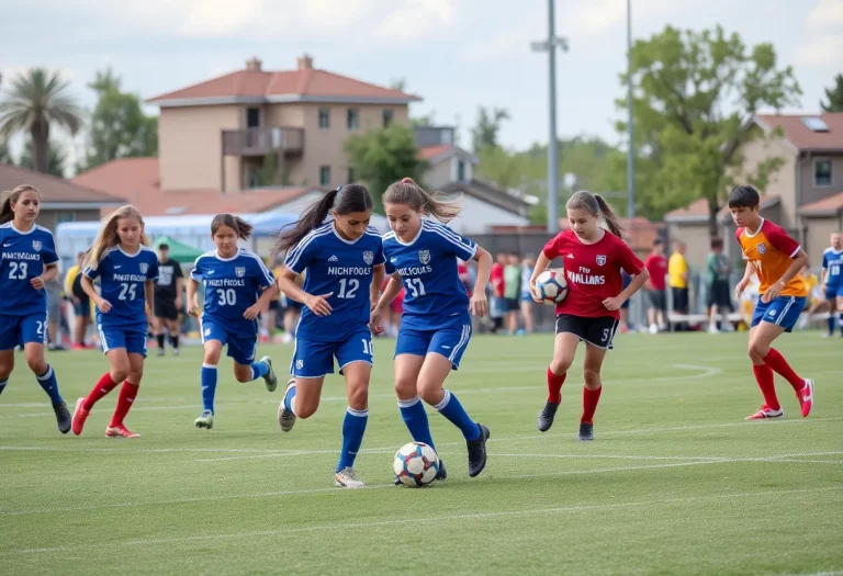 Soccer players competing in a high school match at Sheridan.