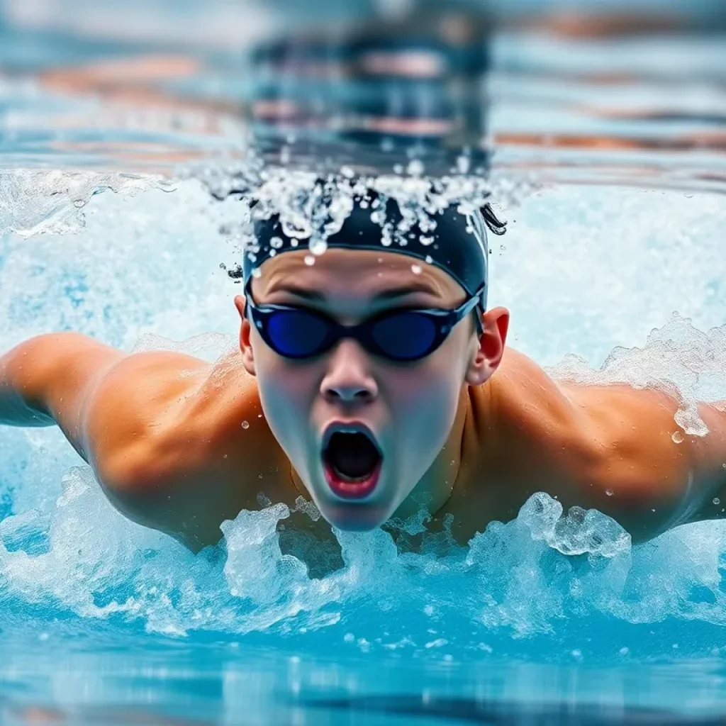 Young male swimmer competing in the 100m breaststroke.
