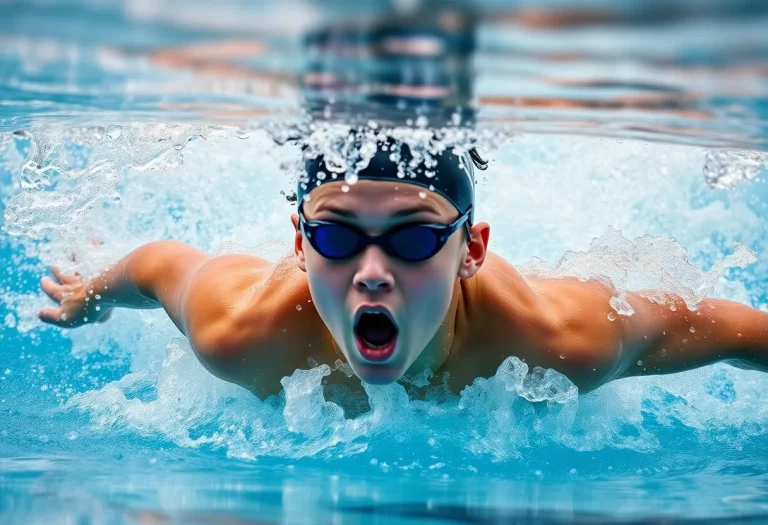 Young male swimmer competing in the 100m breaststroke.