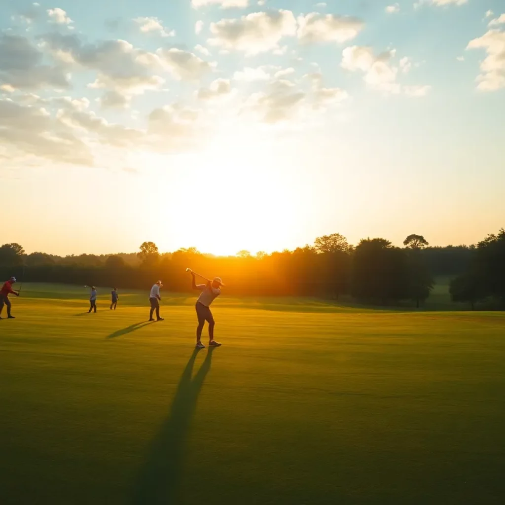 Scenic view of a golf course with players practicing