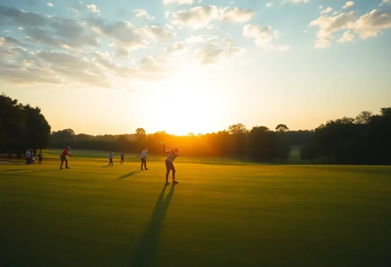 Scenic view of a golf course with players practicing