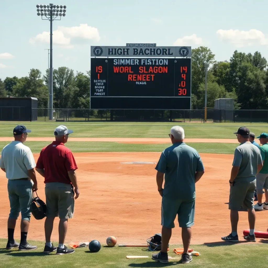 Community members discussing missing funds around a baseball field.
