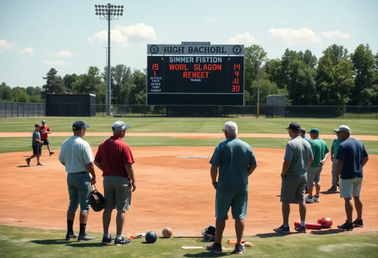 Community members discussing missing funds around a baseball field.