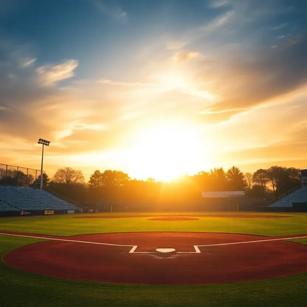 Sunset over a high school baseball field with empty bleachers