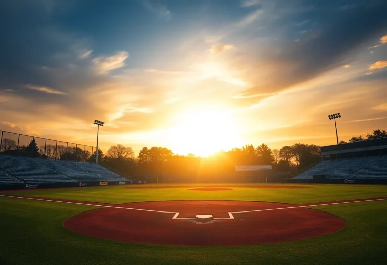 Sunset over a high school baseball field with empty bleachers