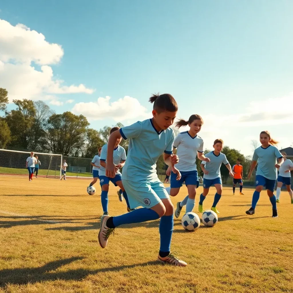 Young athletes playing soccer on a sunny field.