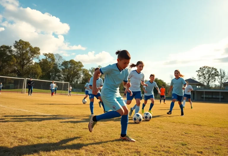 Young athletes playing soccer on a sunny field.