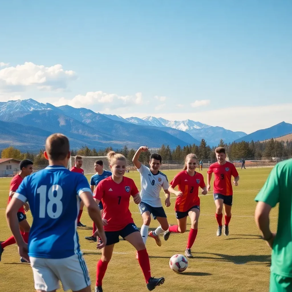 Soccer players celebrating on a field with mountains in the background.