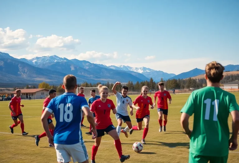 Soccer players celebrating on a field with mountains in the background.