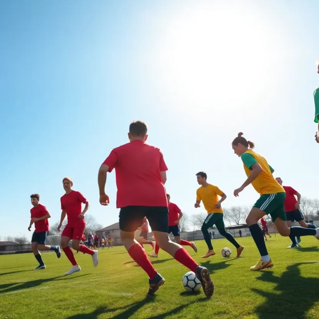 Soccer players practicing on a sunny field