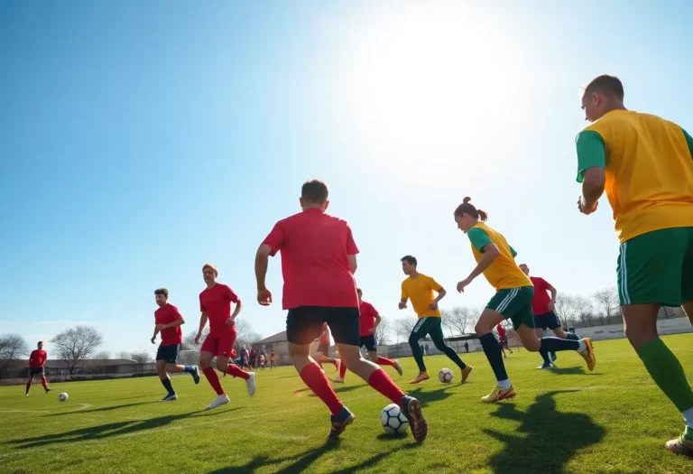 Soccer players practicing on a sunny field