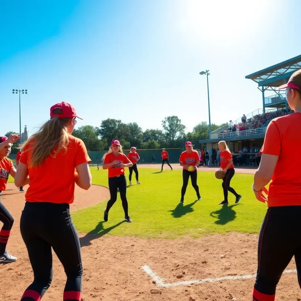 Softball players in action on a vibrant field.