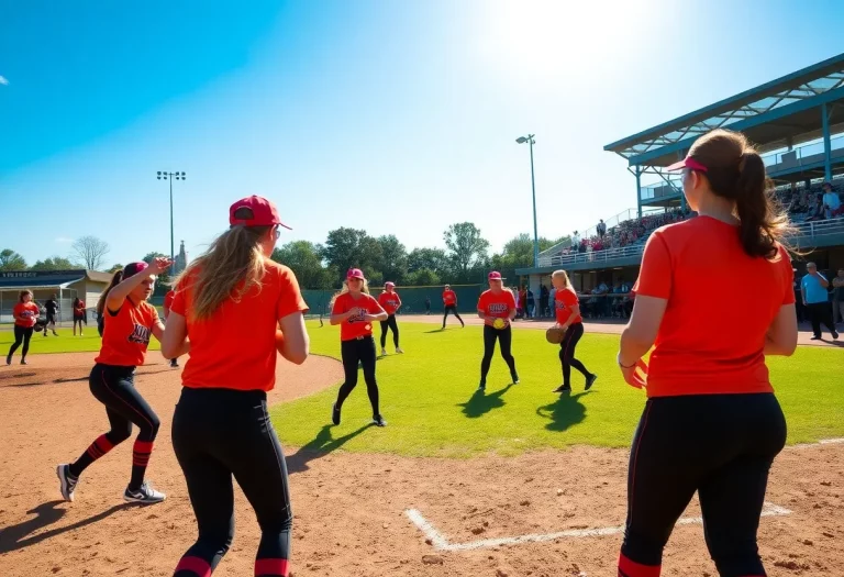 Softball players in action on a vibrant field.