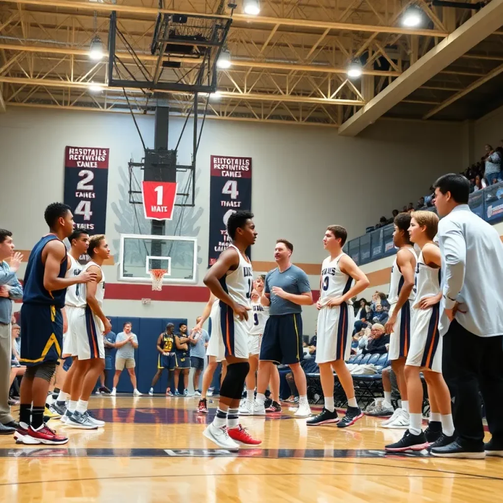 High school basketball teams in action on a court.