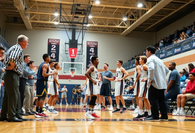 High school basketball teams in action on a court.