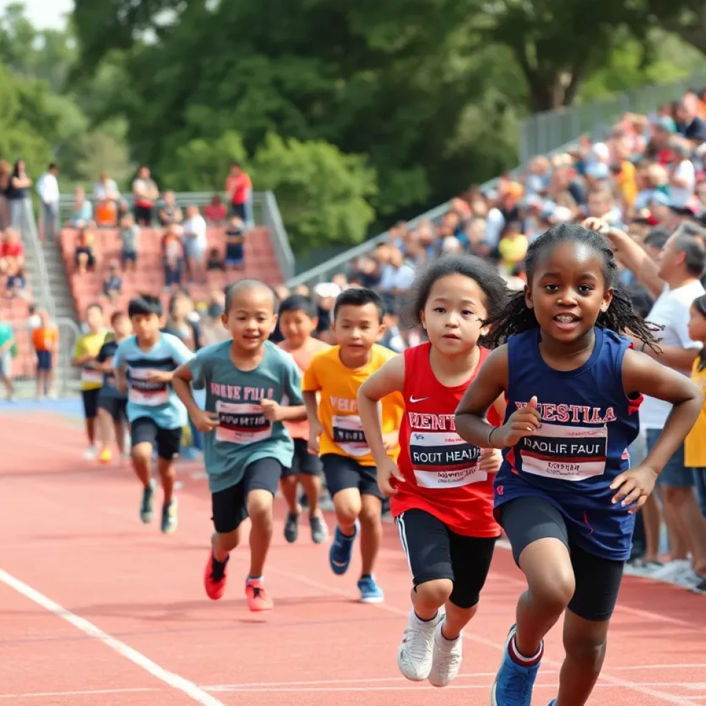 Young athletes competing in track and field events at a community showcase.