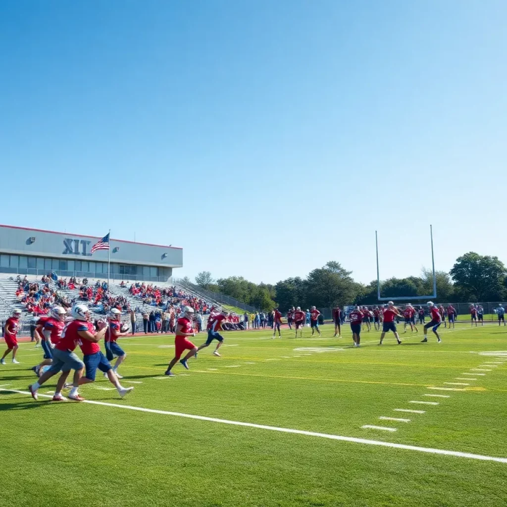 High school football teams practicing on the field in South Central Region