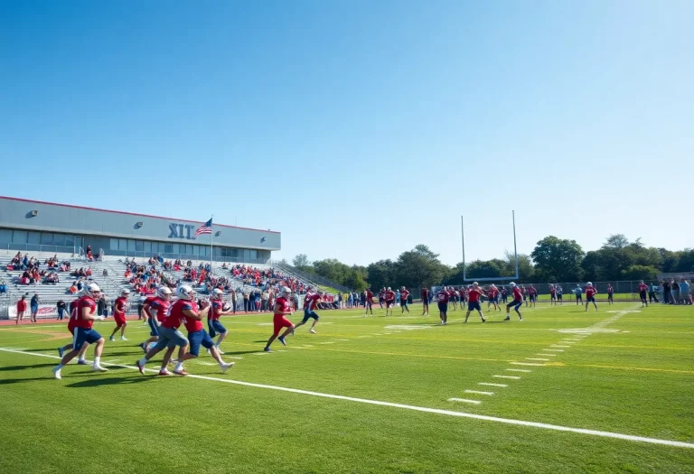 High school football teams practicing on the field in South Central Region