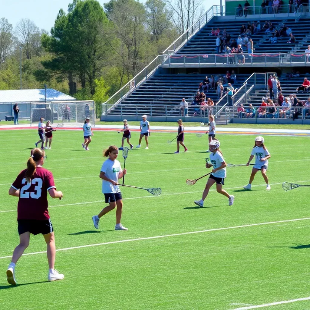 Youth lacrosse players practicing on a sunny day