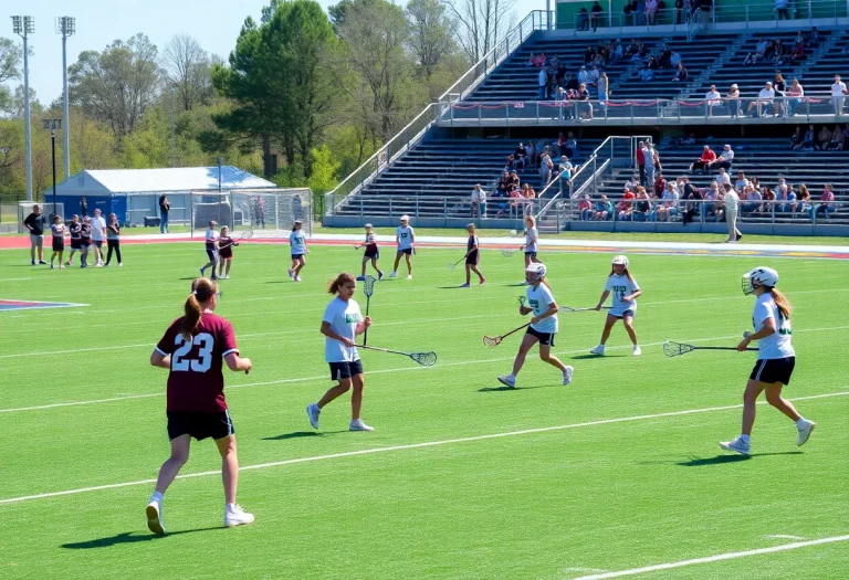 Youth lacrosse players practicing on a sunny day