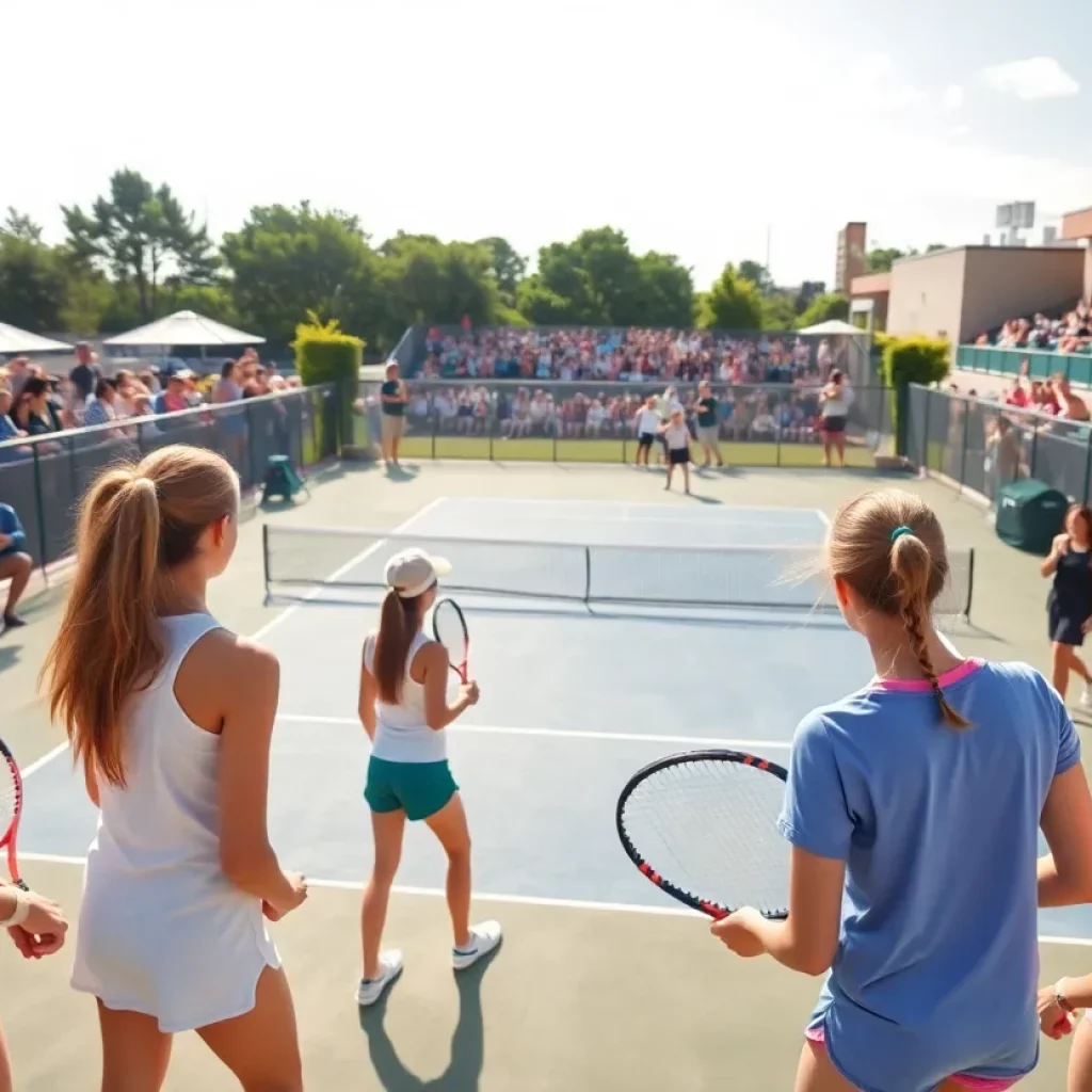 Girls competing in tennis on an outdoor court