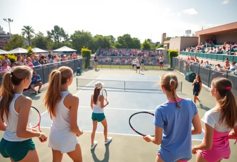 Girls competing in tennis on an outdoor court