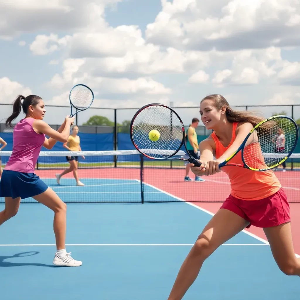 High school girls tennis players competing on the court