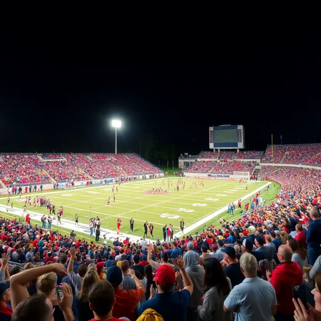 Crowd cheering at a high school football stadium during a night game