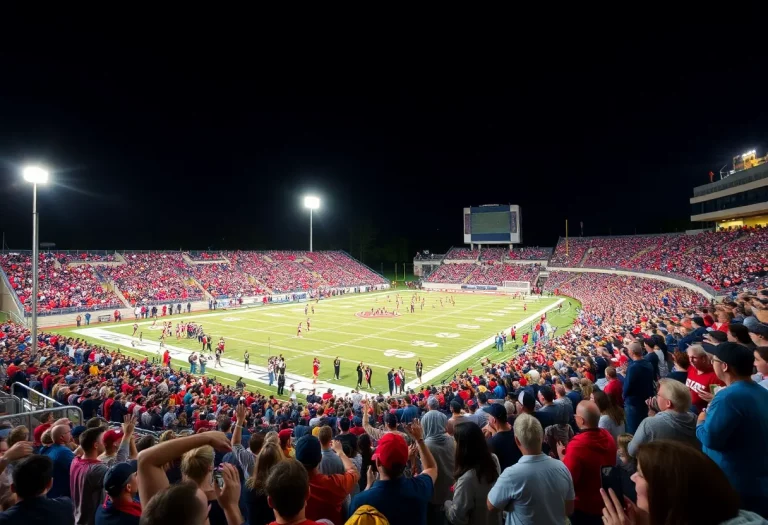 Crowd cheering at a high school football stadium during a night game