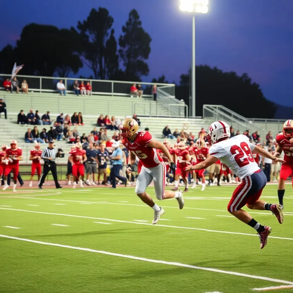 High school football players in action during a game in Southern California.