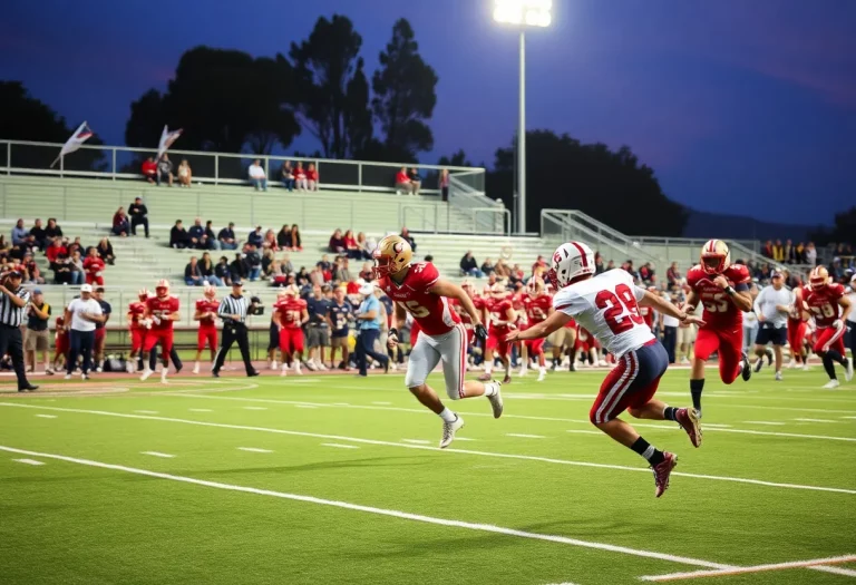 High school football players in action during a game in Southern California.