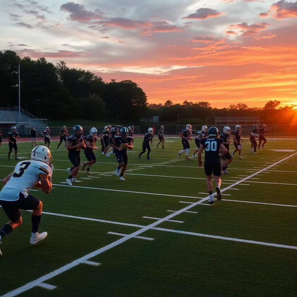 Southern Local High School football players practicing on the field
