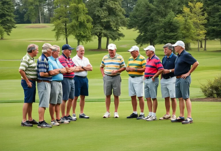 Past golf team members celebrating their 50th championship anniversary on the golf course.