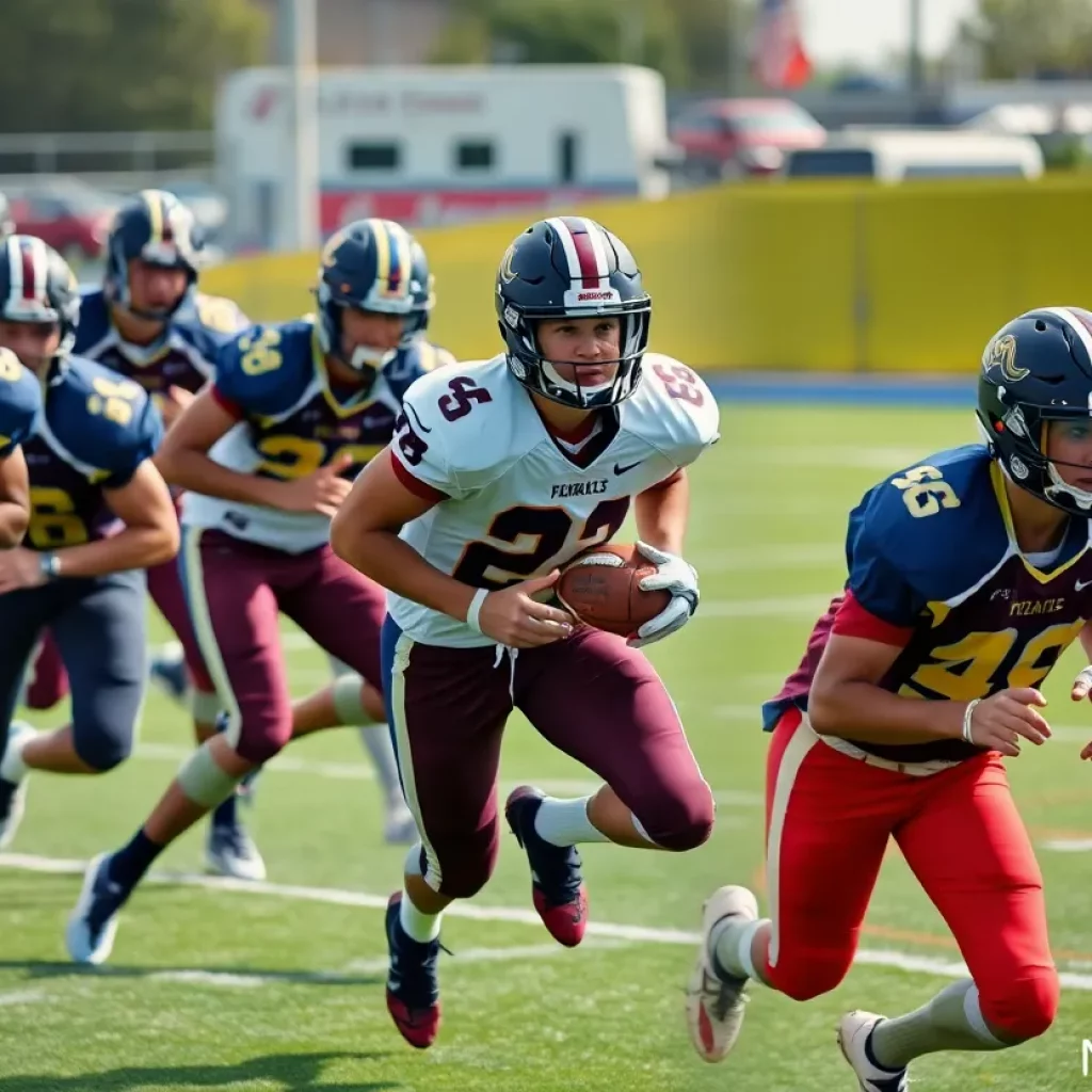 High school football running backs in action during practice