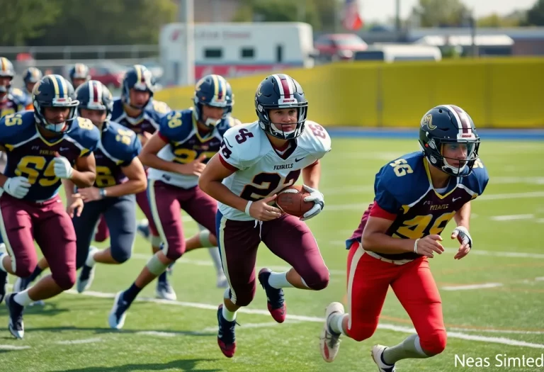 High school football running backs in action during practice