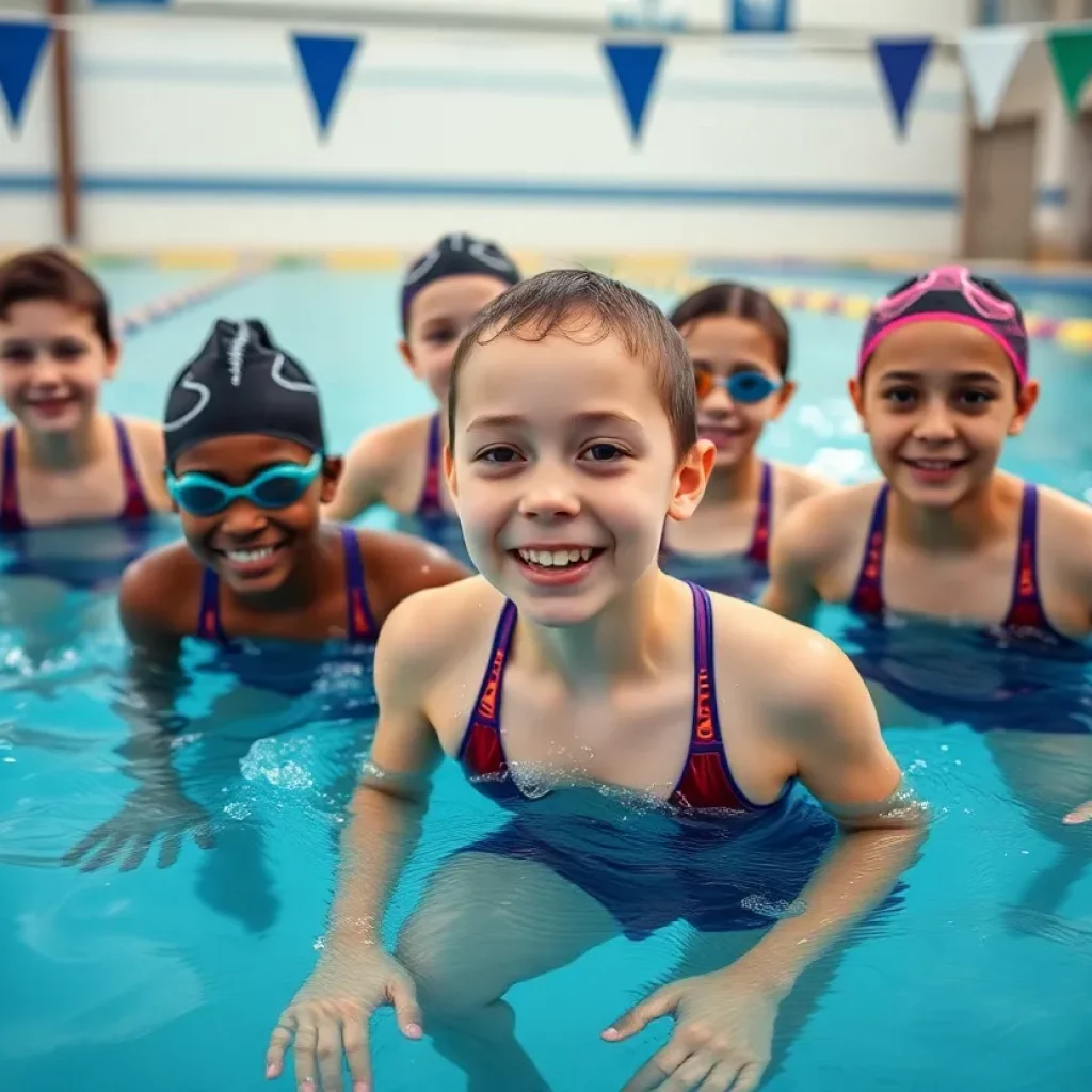 Young athletes from St. Cloud's Crush team practice swimming together in a pool.