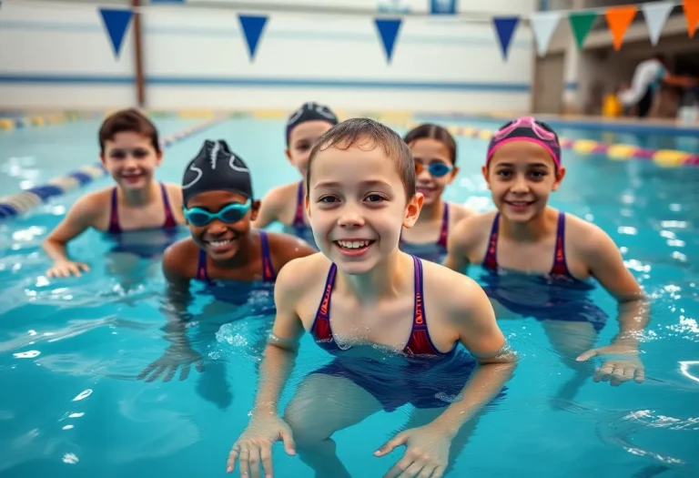 Young athletes from St. Cloud's Crush team practice swimming together in a pool.