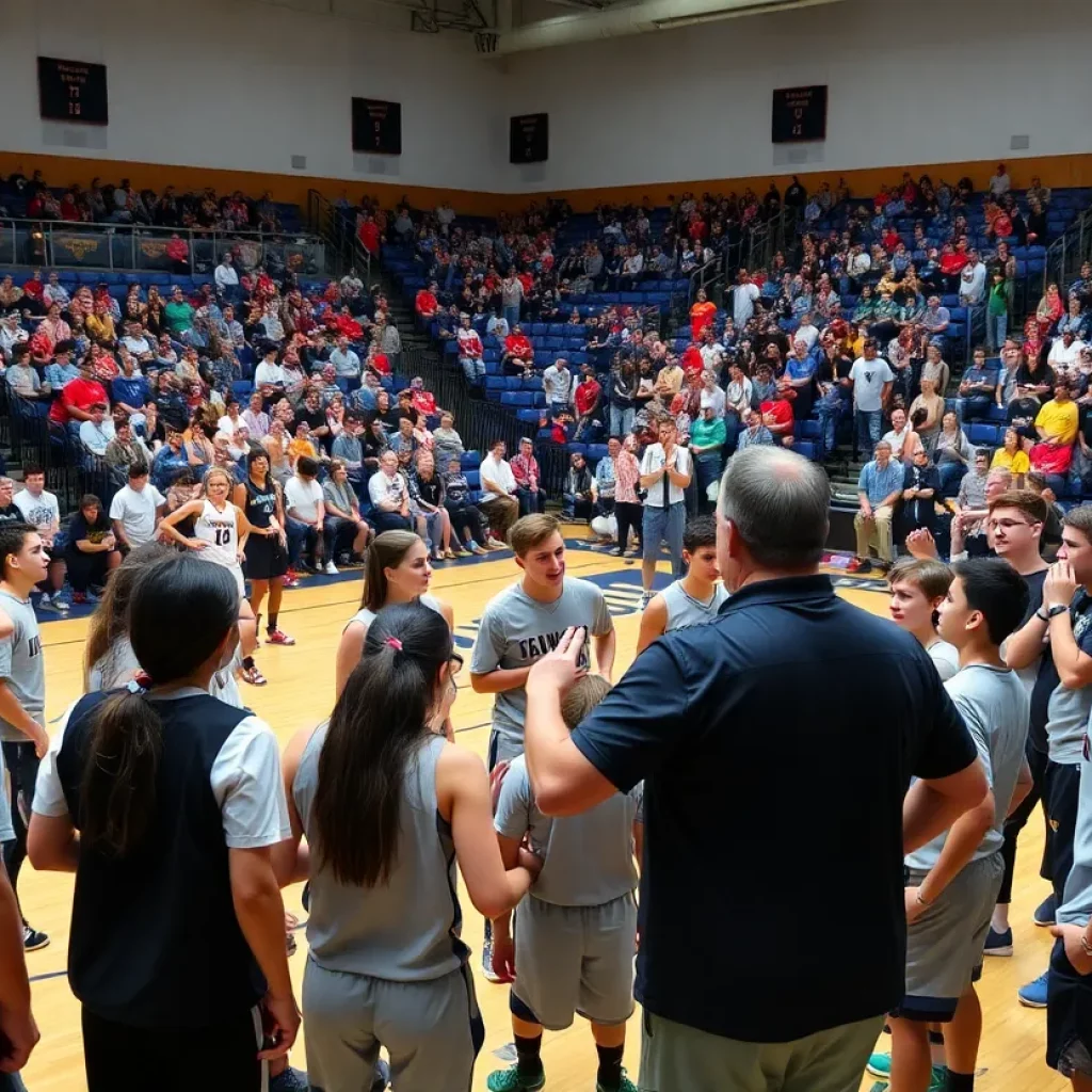 High school basketball team in a huddle during a game